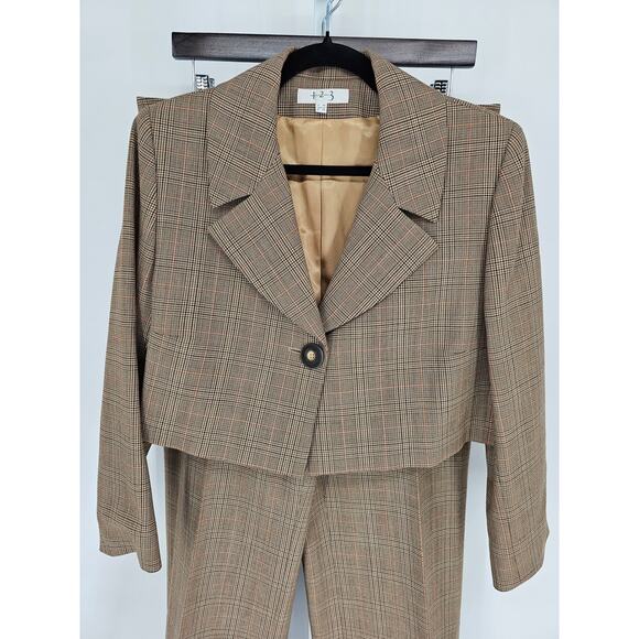 VTG Un Deux Trois 123 Tan Taupe Plaid Single-Button Pant Suit Size 48 - Picture 2 of 7